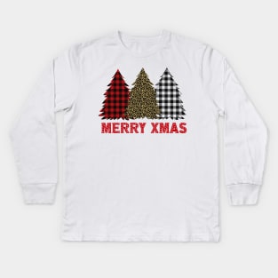 Merry xmas Leopard Buffalo Plaid Tree Kids Long Sleeve T-Shirt